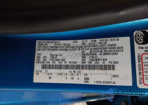 2012 Ford Fiesta Se z USA, uszkodzony, nr VIN 3FADP4EJ0CM153474